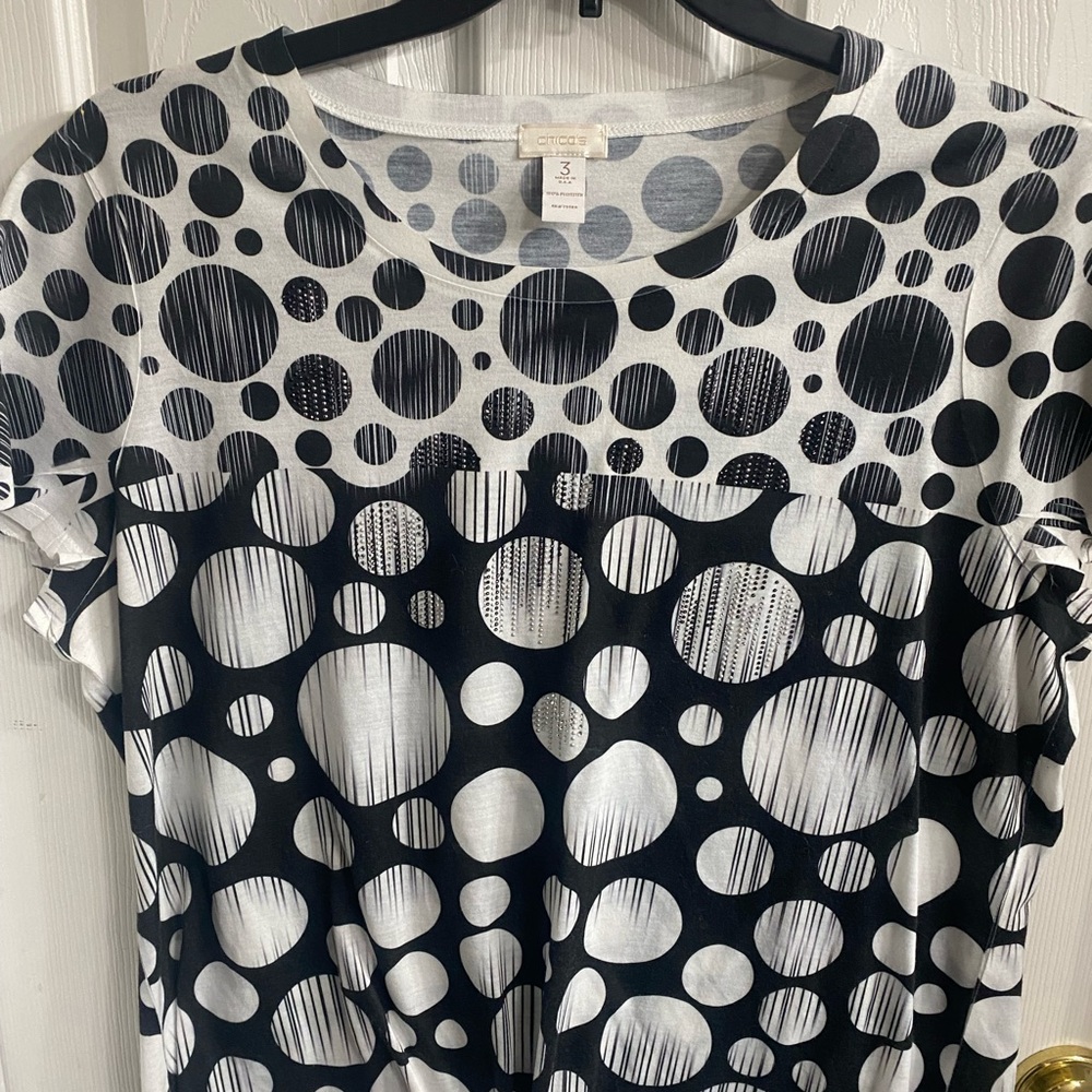 Chico's Black & White Dot-Stripe Short Sleeve Tee